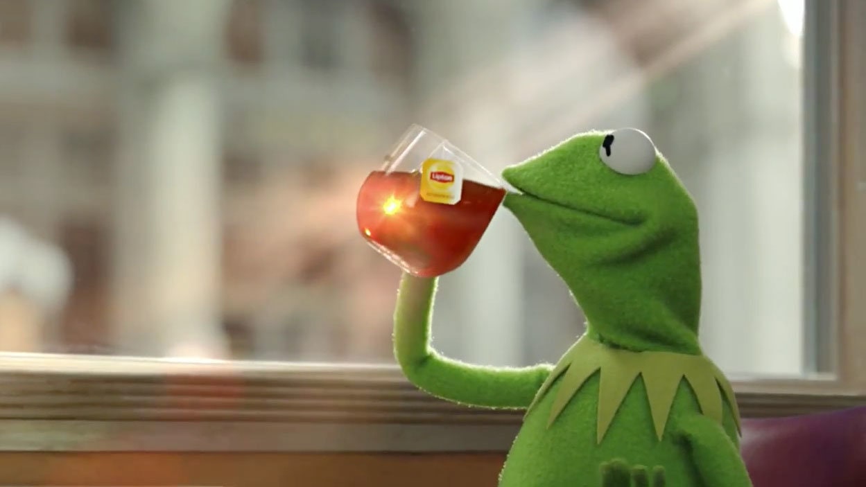 Kermit the Frog sipping tea in the That's None of My Business meme