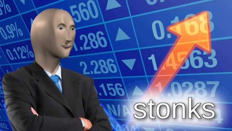 Meme Man standing before a rising market chart in the Stonks image