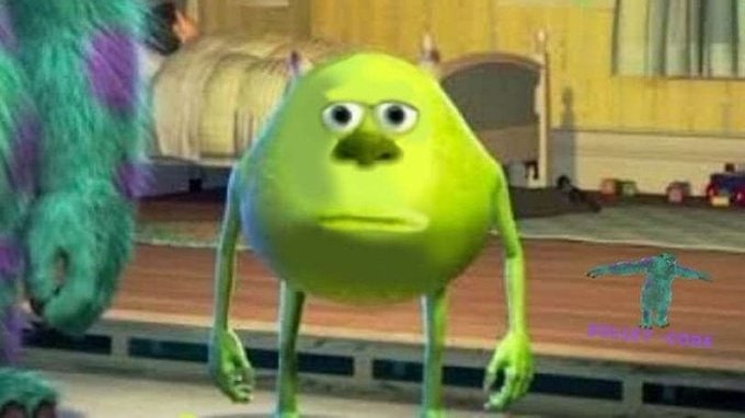 Mike Wazowski with Sulley's two-eyed face in the face-swap meme
